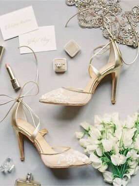 Bella Belle Gold-Beige Lace Pointed Toe Ankle-Tie Heels